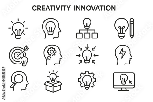Vector icon set depicting creativity and innovation concepts featuring light bulbs, head silhouettes, and related symbols for brainstorming and ideas