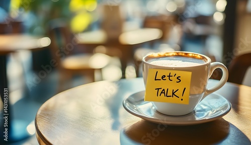 A cup of coffee with a yellow sticky note on the table in a cafe, the text 