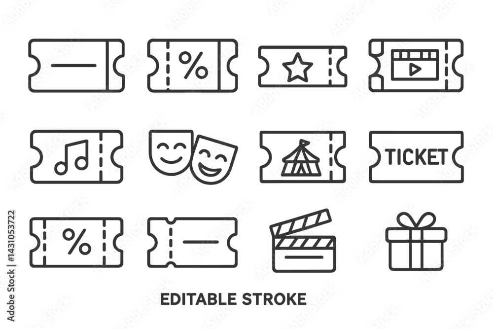 Vector icon set featuring various ticket designs for events, entertainment, and promotions, showcasing creativity and versatility in digital graphics Vector icon set featuring various ticket designs for events, entertainment, and promotions, showcasing creativity and versatility in digital graphics