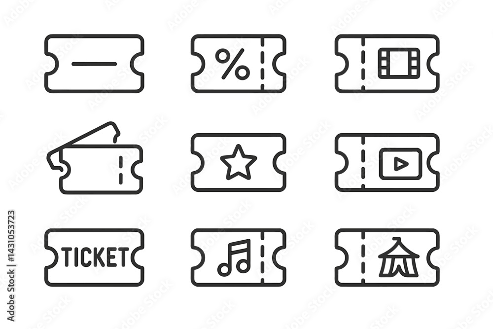 Vector icon set featuring various ticket designs suitable for events, movies, music, and entertainment themes Vector icon set featuring various ticket designs suitable for events, movies, music, and entertainment themes