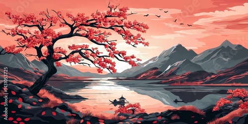 Traditional Japanese landscape featuring cherry blossom trees.