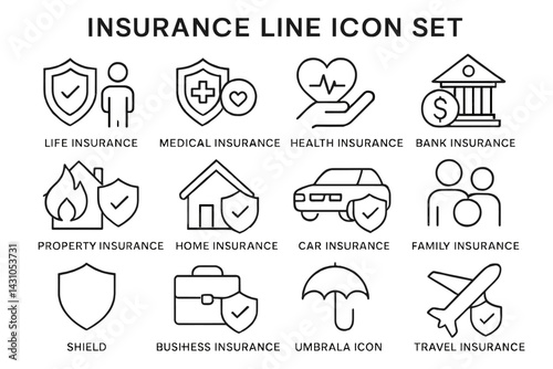 Comprehensive vector icon set illustrating various types of insurance services and coverage options for easy understanding