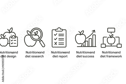 Vector icon set illustrating various aspects of nutrition and diet including research, design, reports, success, and frameworks