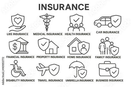 Comprehensive vector icon set illustrating various types of insurance and their benefits for users and businesses