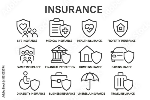 Comprehensive vector icon set representing various types of insurance coverage and related services