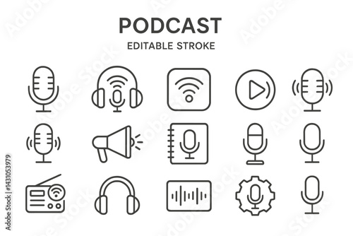 Vector icon set illustrating podcast production tools and elements including microphones, headphones, and audio playback symbols