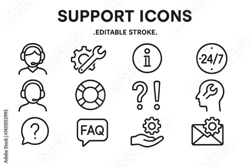 Vector icon set for customer support featuring various assistance symbols and tools for effective communication