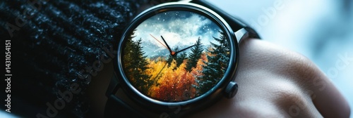 Obraz na płótnie Creative Watch Face Displays Time With Seasons in a Pine-Covered Landscape Evoking the Beauty of Nature Every Hour Generative AI w salonie