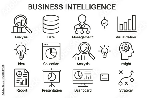 Business intelligence vector icon set showcasing analysis, data management, and visualization concepts for effective strategy development
