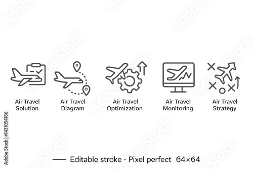 Vector icon set depicting various aspects of air travel solutions, diagramming, optimization, monitoring, and strategic planning