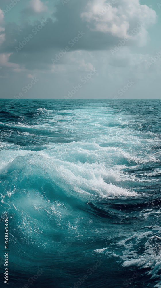 Fototapeta premium The mesmerizing turquoise ocean glistens under a cloudy sky, its restless waves creating a stunning display of power and beauty, captivating all who witness it.