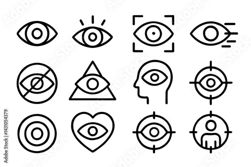 Vector icon set featuring various eye designs for use in creative projects and graphic applications