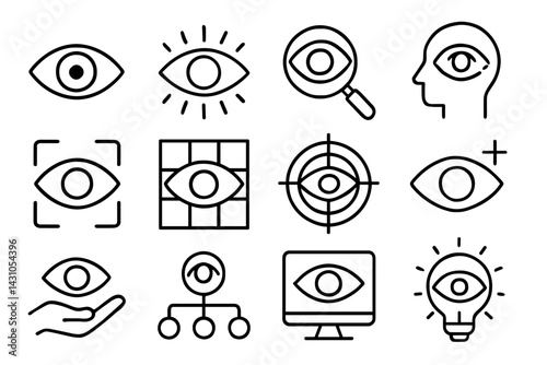 Vector icon set featuring various eye designs, symbols, and concepts for vision, observation, and insight