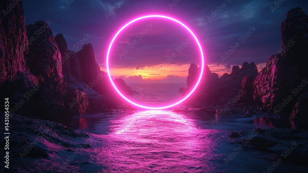 Fototapeta premium Neon Circle Portal at Seaside Rocks with Ocean Sunset Scenery