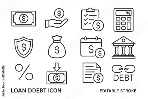 Collection of vector icons representing loan and debt concepts for financial applications