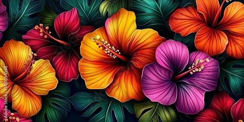Colorful floral painting featuring intricate hibiscus details.