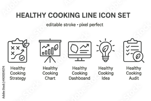 Creative vector icon set for healthy cooking strategies, charts, and audits designed for modern culinary applications