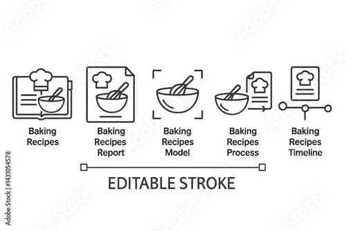 Vector icon set showcasing baking recipes, reports, models, processes, and timelines designed for culinary projects