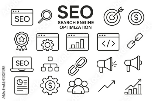 Vector icon set showcasing various elements of SEO and digital marketing for effective online promotion and analysis