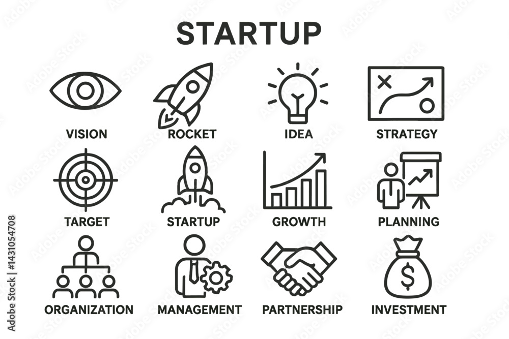 Collection of vector icons representing startup concepts, including vision, growth strategy, and investment approaches for entrepreneurs Collection of vector icons representing startup concepts, including vision, growth strategy, and investment approaches for entrepreneurs