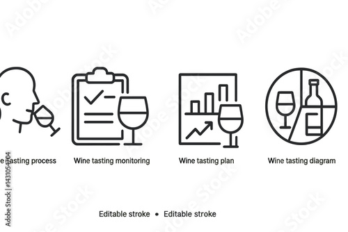 Vector icon set illustrating various aspects of wine tasting including process, monitoring, planning, and diagram