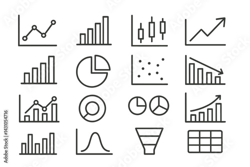 Vector icon set featuring various types of charts and graphs for data visualization