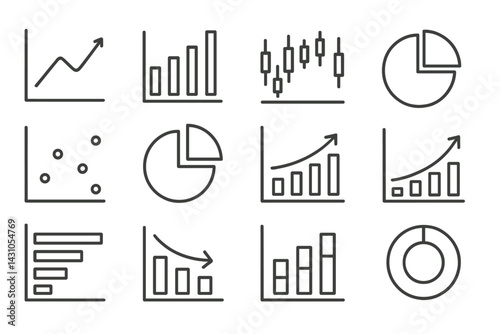 Vector icon set featuring various types of graphs and charts for data visualization