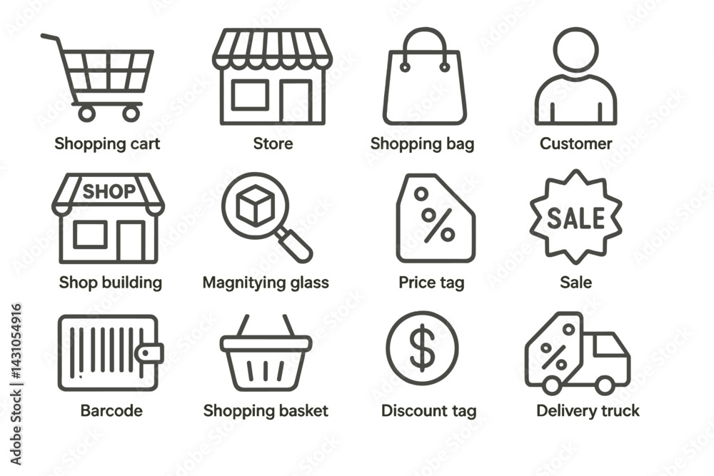 Vector icon set showcasing various shopping-related items including cart, store, and sale symbols for retail applications Vector icon set showcasing various shopping-related items including cart, store, and sale symbols for retail applications