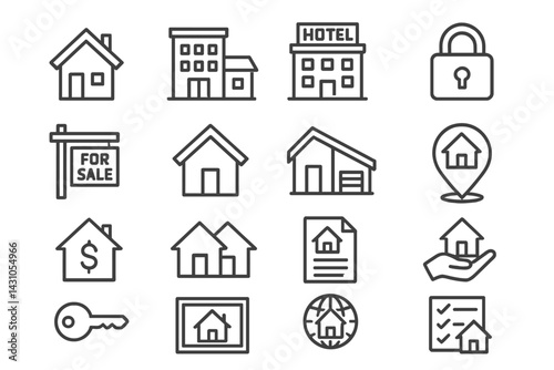Vector icon set depicting real estate concepts including houses, sales, and security symbols for property management