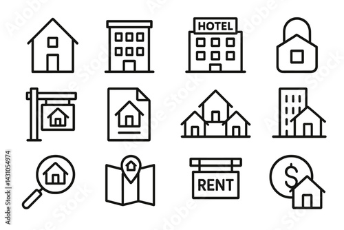 Vector icon set representing various aspects of real estate and rental properties, including homes, hotels, and rental signs