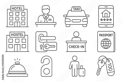 Vector icon set showcasing travel and accommodation elements like hotels, taxis, and check-in processes