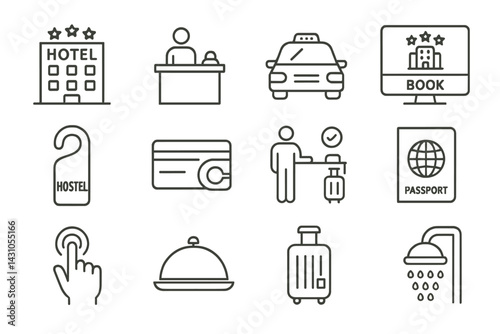 Vector icon set depicting travel and accommodation elements for booking and hospitality services