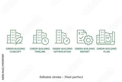Green building concept icon set featuring various aspects of sustainable architecture and construction practices