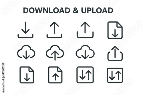 Vector icon set featuring download and upload symbols for digital file management