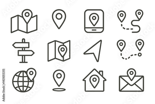 Vector icon set featuring navigation symbols and location markers for various applications