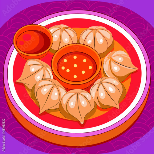 Steamed Dumplings with Red Sauce . Asian Cuisine Illustration