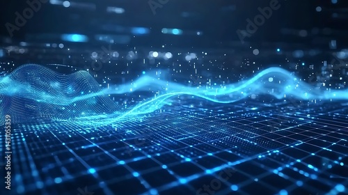 High-tech digital waveforms flowing across blue gridlines and particles