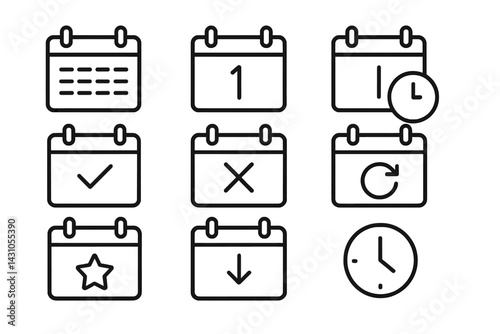 Calendar icon set featuring various symbols for dates, times, and scheduling activities in a simple vector design
