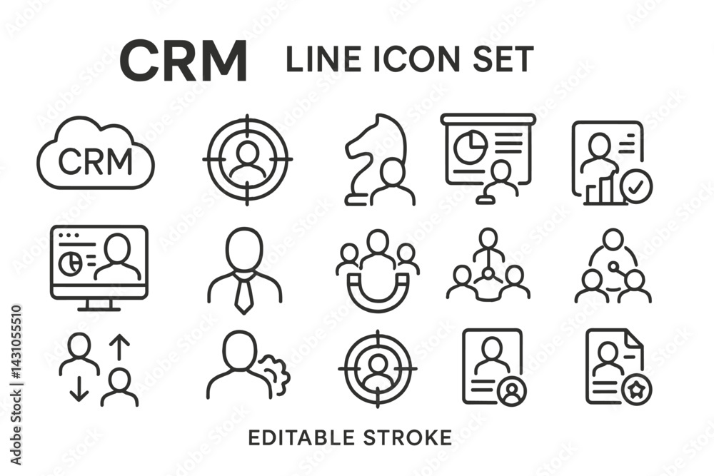 Comprehensive line icon set for customer relationship management tools featuring diverse business concepts and activities Comprehensive line icon set for customer relationship management tools featuring diverse business concepts and activities