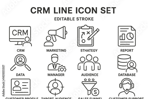 Vector icon set featuring CRM concepts including marketing, strategy, and customer engagement elements