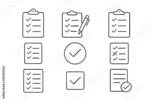 Vector icon set featuring checklists and writing tools for task management and organization