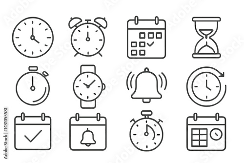 Vector icon set featuring clocks, calendars, and timers for time management and scheduling tools
