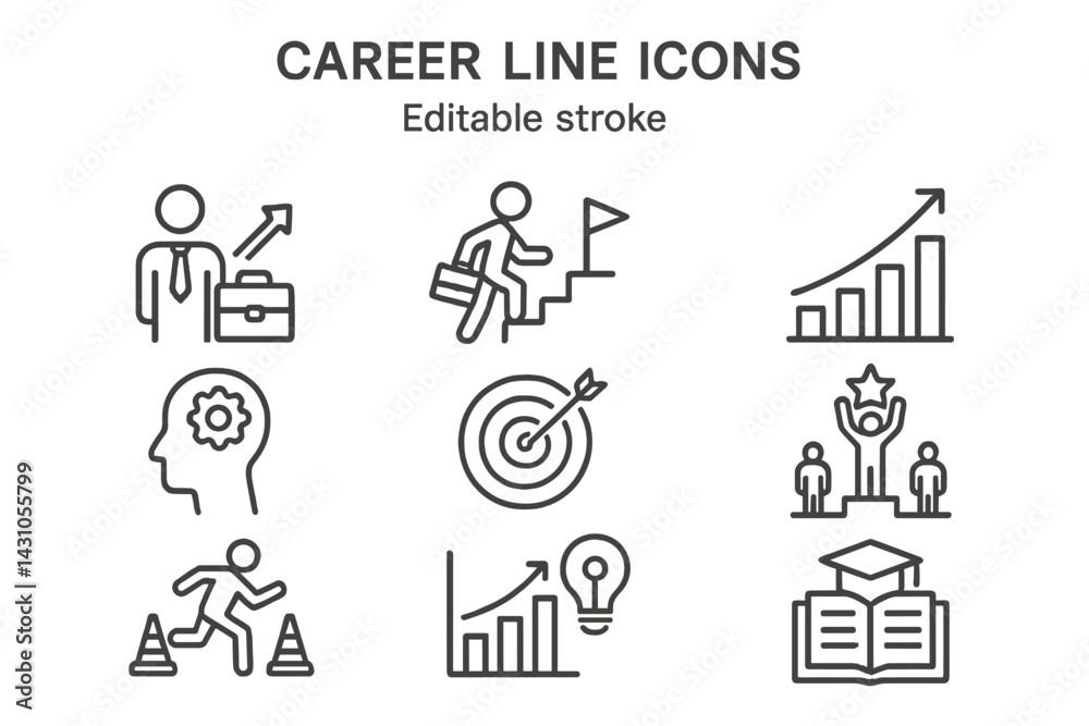 Vector icon set showcasing career development, progress, and education themes in a clean and modern design Vector icon set showcasing career development, progress, and education themes in a clean and modern design
