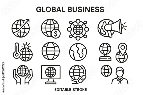 Vector icon set depicting global business themes with various related symbols and designs in simple, clean lines