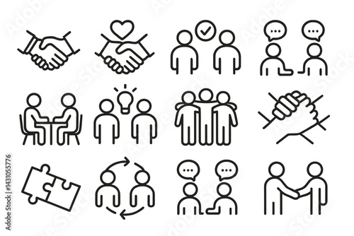 Creative vector icon set depicting collaboration, communication, and teamwork concepts for various applications