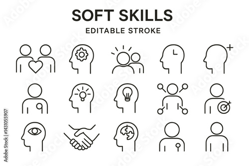 Vector icon set showcasing various soft skills in a minimalistic design suitable for educational and professional use in various settings