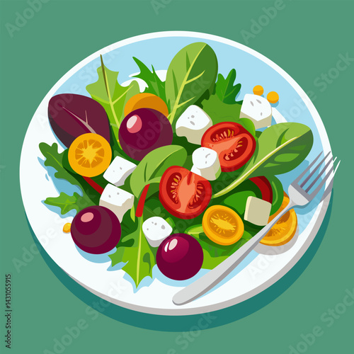 Fresh Green Salad with Tomatoes. Feta Cheese and Lettuce