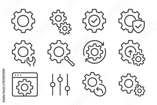 Vector icon set showcasing various gear symbols used for settings, configurations, and adjustments in user interfaces