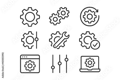 Vector icon set featuring various gear designs representing mechanics and settings for digital and physical applications