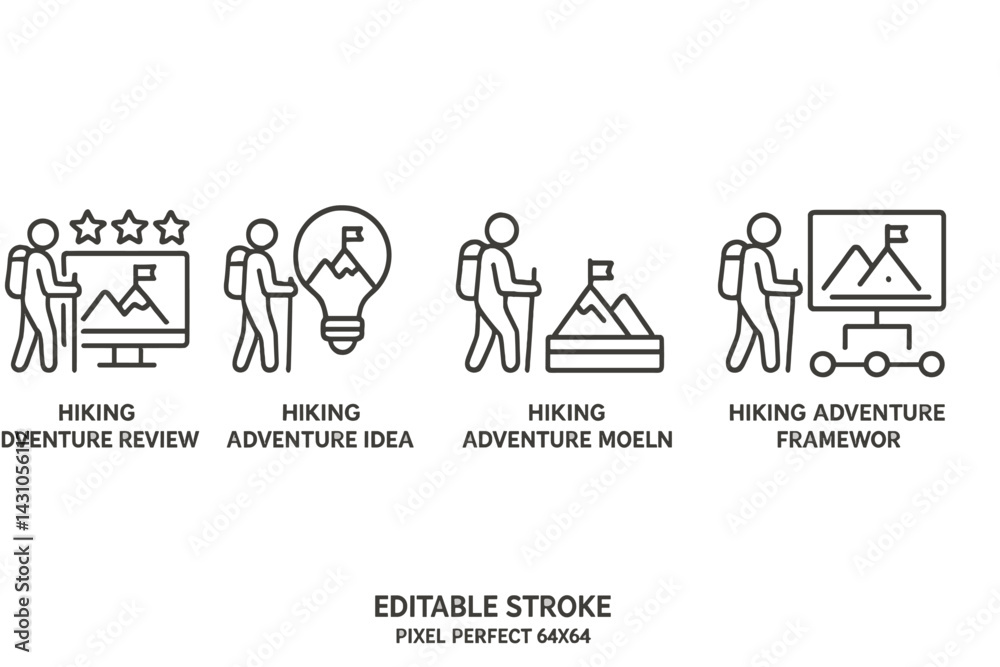 Obraz premium Vector icon set featuring hiking adventure activities including reviews, ideas, and frameworks for outdoor enthusiasts